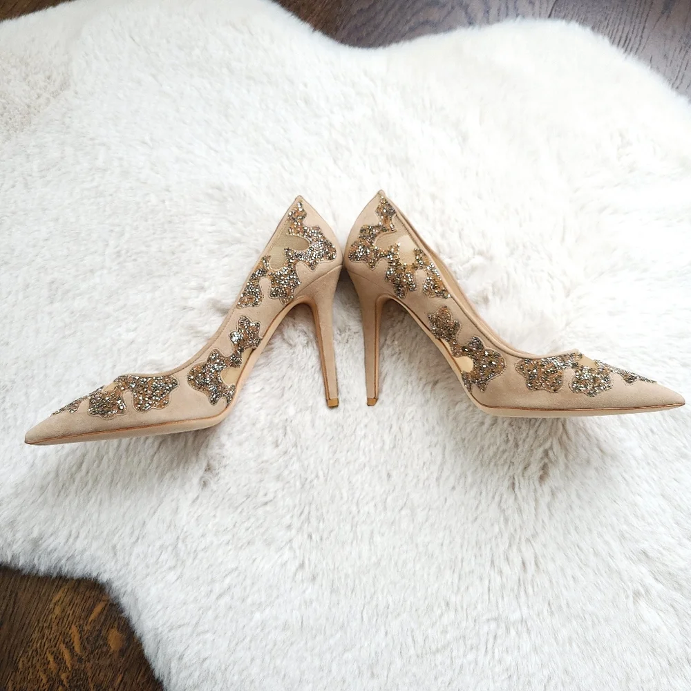 Jimmy Choo Karmel 120 Nude Suede Crystal Wedding Occasion Pointy Toe Mesh Pump - Picture 10 of 16